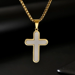 Golden stainless steel cross pendant necklace with grey matte inlay and box chain