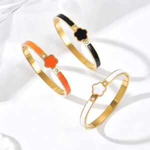 Bracelet Jonc De Luxe En Acier Inoxydable Trèfle À Quatre Feuilles Émaillé Pour Femmes Incrusté De Strass Plaqué Or Bijoux De Mode