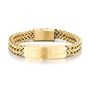 Men's gold plated braided wheat chain bracelet with infinity symbol on a magnetic clasp