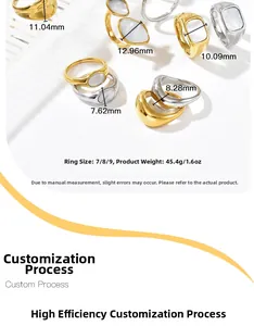 Detailed view of ring dimensions and sizes with mop inlays on gold and silver bands