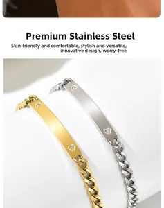 Close-up of stainless steel curb chain couple bracelets with heart zircon details