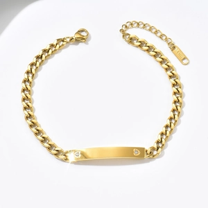 Polished gold stainless steel link bracelet with rectangular engraving plate and small heart rhinestones