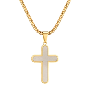 Classic two-tone cross pendant necklace in gold and silver finish on white background