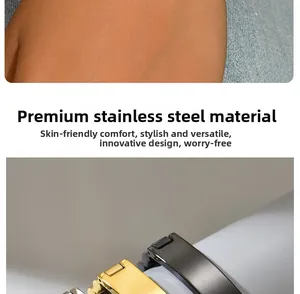 Detail of three-color stainless steel watch band with folding clasp and metal links