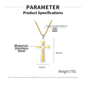 Specificaties van tweekleurige roestvrijstalen kruishanger, 84x52mm met 700mm ketting