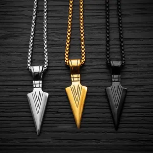 Arrowhead pendant necklaces in silver, gold and black finish with geometric line details