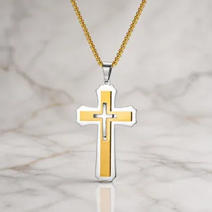 Grote Roestvrijstalen Drielaagse Kruis Hanger Halsketting Voor Heren Punk Rock Street Fashion Tweekleurige Geborstelde Hip Hop Religieuze Sieraden Cadeau