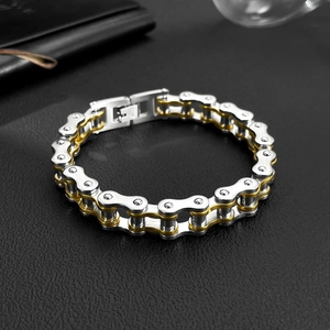 Detailansicht eines Industrie-Armbands im Fahrradketten-Stil aus Edelstahl Duo-Ton