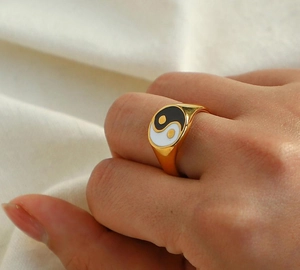 18K gold plated stainless steel chunky ring with black and white Tai Chi Yin Yang symbol