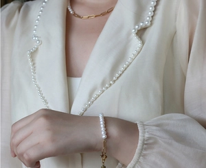 Ensemble collier et bracelet en perles d'eau douce et chaîne acier inoxydable doré 18K