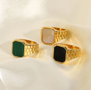 Three-piece set of 18K gold-plated stainless steel signet rings with stone inlays