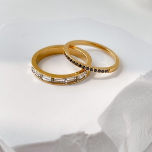Bagues Minimalistes En Acier Inoxydable Avec Zircone Claire Baguette Et Pierres Noires Rondes Plaqué Or Pour Femmes