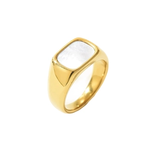 Minimalist gold-plated signet ring with a rectangular white mother of pearl inlay