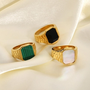 Vintage Gold Plated Stainless Steel Octagon Ring With Malachite Black Agate Mother Of Artificial Pearl Inlay For Women Rings