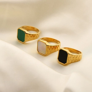 Retro 18K gold plated stainless steel rings with rectangle malachite and onyx inlays