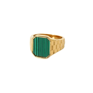 Vintage 18K gold plated stainless steel ring with rectangle malachite gemstone inlay