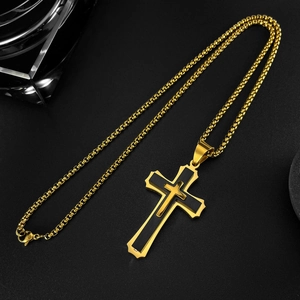 Mens vintage three-layer gold and black cross necklace made of stainless steel