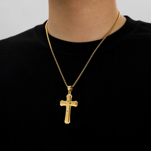 Hip hop vintage double-layered gold cross pendant necklace with box chain for men