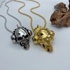Hip-Hop-Halskette mit Totenkopf und Kopfhörer in poliertem Silber und Gold-Edelstahl