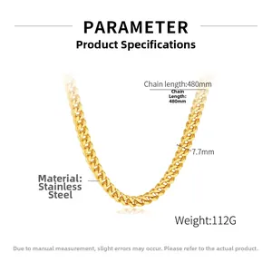 Detailed specs of 7.7mm wide golden Cuban link chain in stainless steel, 480mm long