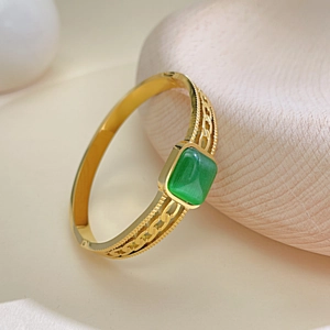 Vintage Stainless Steel Bangle For Women Gold Plated Green Square Gemstone Hollow Woven Pattern Retro Fashion Jewelry Accessory