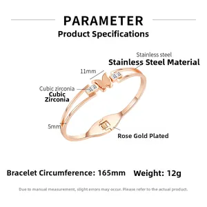 Detailed dimensions of rose gold butterfly cuff bangle with cubic zirconia inlay