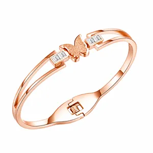 Minimalist Stainless Steel Butterfly Open Bangle Zirconia Inlaid Frosted Double Row Hollow Bracelet Elegant Women Jewelry
