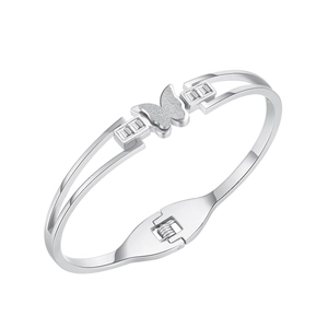 Minimalist butterfly cuff bracelet in titanium steel with frosted finish and zircon stones