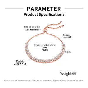 Detail of adjustable rose gold double-row cubic zirconia tennis bracelet in copper
