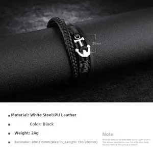 Detailaufnahme mehrlagiges Lederarmband mit silbernem Ankerverschluss und Maßen im Überblick