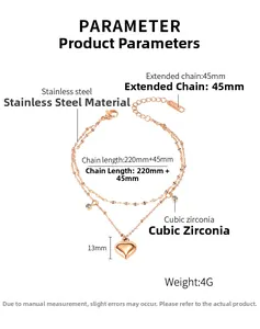 Detailed specs of double-layer rose gold heart anklet made of durable stainless steel