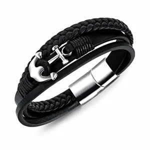 Vintage Herren Mehrlagig Geflochten Lederarmband Mit Titanstahl Anker Anhänger Magnetverschluss Punk Nautischer Schmuck