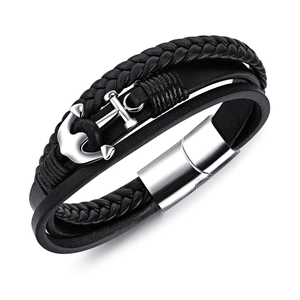 Herren Lederarmband in Schwarz mehrlagig mit silbernem Anker-Anhänger und Magnetverschluss