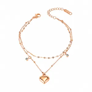 Double Layer Titanium Steel Heart Anklet For Women Rose Gold Silver Color Rhinestone Adjustable Ankle Bracelet Jewelry