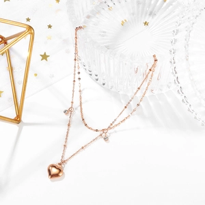Double-layer rose gold titanium anklet with heart pendant and sparkling zircon accents