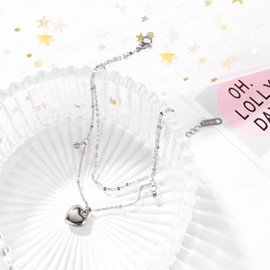Fashionable double-layer stainless steel heart anklet with polished silver finish for women