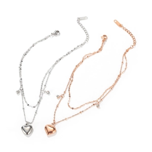 Double-layered stainless steel heart anklet in silver and rose gold finishes