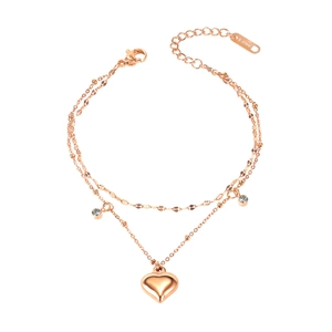 Rose gold double-layer stainless steel anklet with heart pendant and sparkling crystals