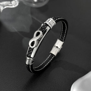 Men Hip-hop Woven Leather Bracelet Stainless Steel Infinity Symbol Charm Polished Street Style Black Silver Jewelry For Men