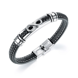 Men's black braided leather infinity bracelet with stainless steel clasp and white stitching