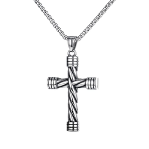 Hip hop style twisted rope cross necklace in stainless steel with vintage silver finish