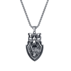 Vintage stainless steel shield necklace for men with wolf and eagle relief design