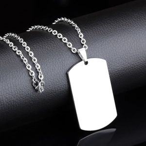 Polished stainless steel dog tag necklace with rectangle pendant on black leather