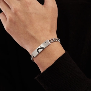 Bracciale cubano in acciaio inossidabile lucido con piastra incisa Wish and Dream