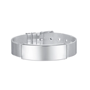 Bracelet réglable en maille d'acier inoxydable argenté avec plaque à graver