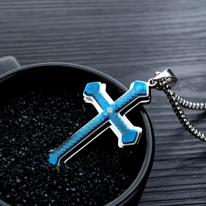 Three-layer titanium steel cross pendant necklace with blue scripture for men