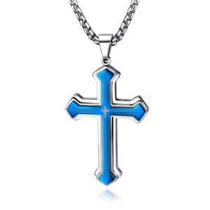 Men's titanium steel triple-layer cross necklace with blue carbon fiber inlay on box chain
