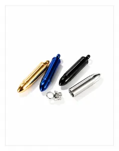 Detail of four multi-color stainless steel bullet pendant necklaces with screw caps