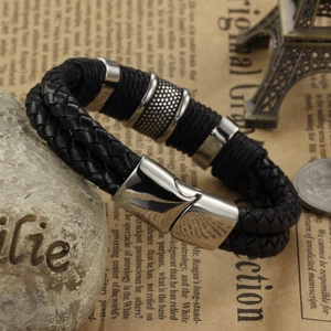 Pulsera para hombre de cuero trenzado negro de doble capa con cierre magnético de acero