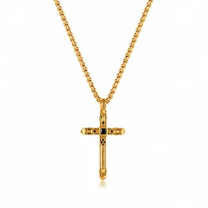 Collar con Colgante de Cruz de Acero Inoxidable Vintage para Hombre Punk Gótico Calavera Relieve Strass Incrustado Joyería Hip Hop